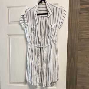 Striped Button-Front Shirt Dress in White and Navy